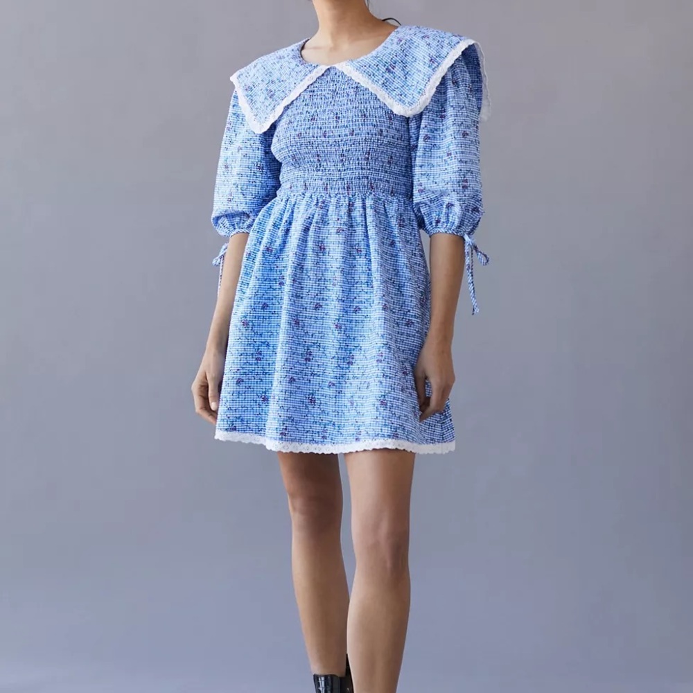 Urban Outfitters Blue Gingham Babydoll Dress Lace Trim Collar Feminine Cottage M